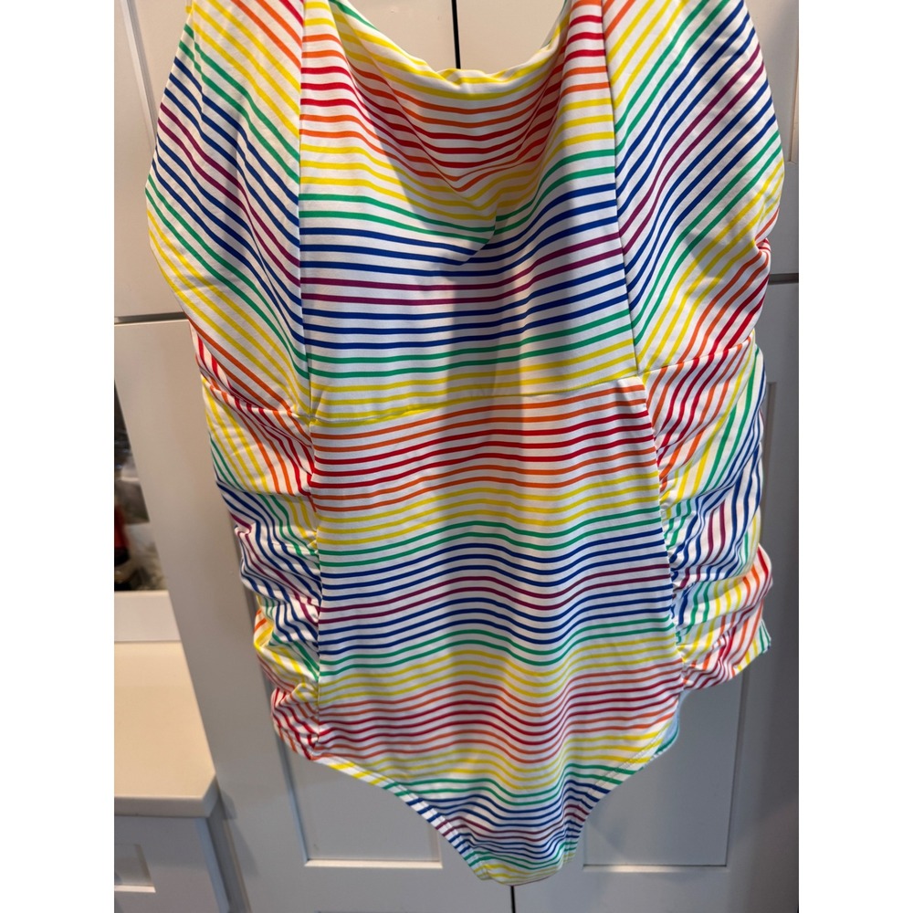 Lands End Womens Plus 22W Rainbow Stripe One Piece‎ Swimsuit Ruched White Multi
